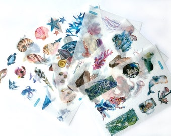 Sealife sticker pack, 6 pieces,  Underwater sticker set, Ocean life stickers, Travel holiday journal supply,