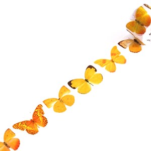 May include: A roll of washi tape with a repeating pattern of yellow butterflies. The tape is white with a black and white pattern on the back.