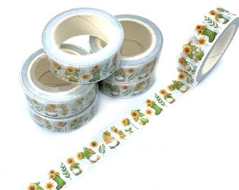 Sunflower gnome washi tape, yellow flowers, Bullet journal craft supply, Scrapbooking supplies, Fairy decor, Spring and summer decor