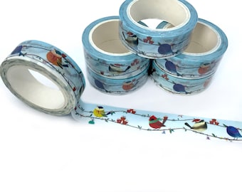 Christmas bird washi tape, Wild bird lover gift tape, Xmas decor masking tape, Scrapbooking supplies, Red Cardinal Robin, Festive holidays