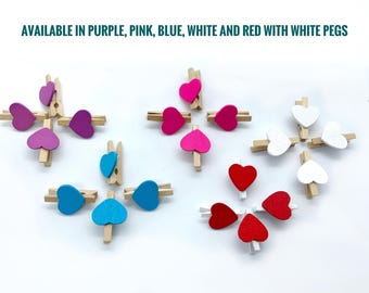 Wooden mini heart pegs, Boho wedding decor,  baby shower tags, Engagement supplies, Coloured wooden hearts scrapbook supplies crafts