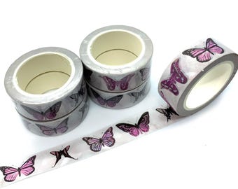 Purple and pink butterfly washi tape on a pale lilac background, 10m x 15mm Mauve butterflies tape, Scrapbooking supply, Card making