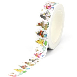 May include: White washi tape with a repeating pattern of gnomes wearing colourful hats and holding gardening tools. The gnomes are surrounded by flowers and leaves.