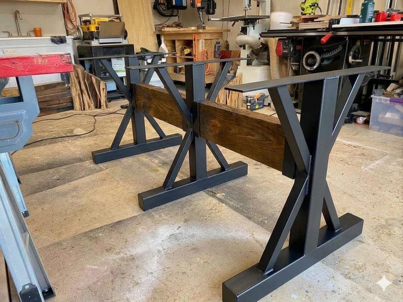 Industrial Triple Trestle Steel Table Legs (Set of 3) immagine 1