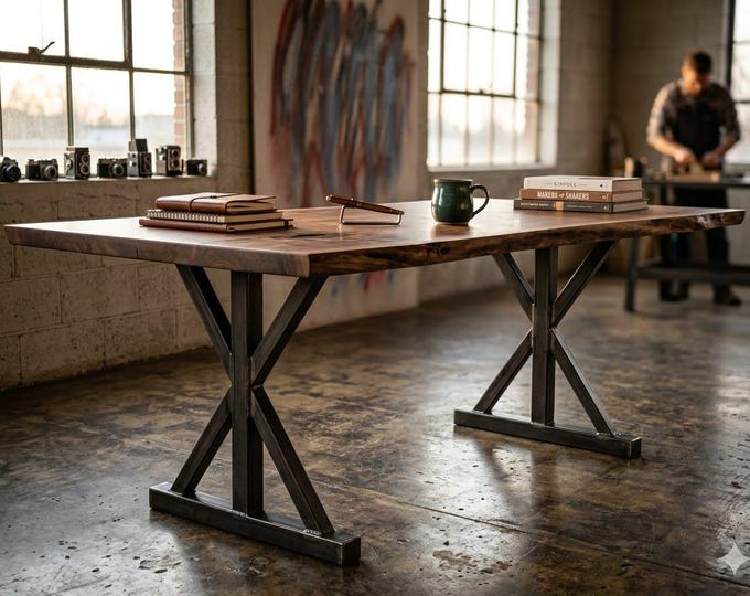 Heavy Duty Metal Table Legs with Slotted Holes, Industrial Steel X Base for Live Edge Tops, Raw Steel Desk Legs, Custom Workbench Base Set
