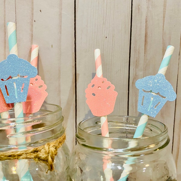 Cupcake or stud muffin, Gender Reveal Cupcake Straws, Gender Reveal Party, Gender Reveal Decor, Cupcake or Stud Muffin Straws 10 ct