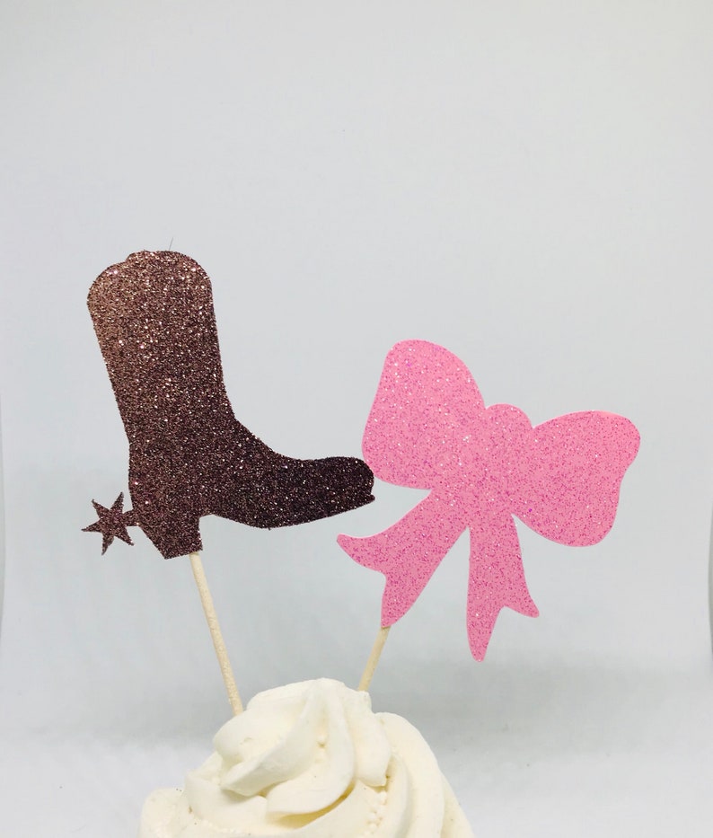 Ephlyn 30Pcs Boots Or Bows Cupcake Toppers - Pink & Brown Glitter Picks For Gender Reveal Party