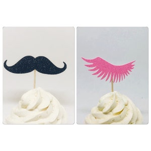 Lashes or staches cupcake, Gender Reveal Cupcake Toppers, Gender Reveal Party, Gender Reveal Decor, baby shower cupcake