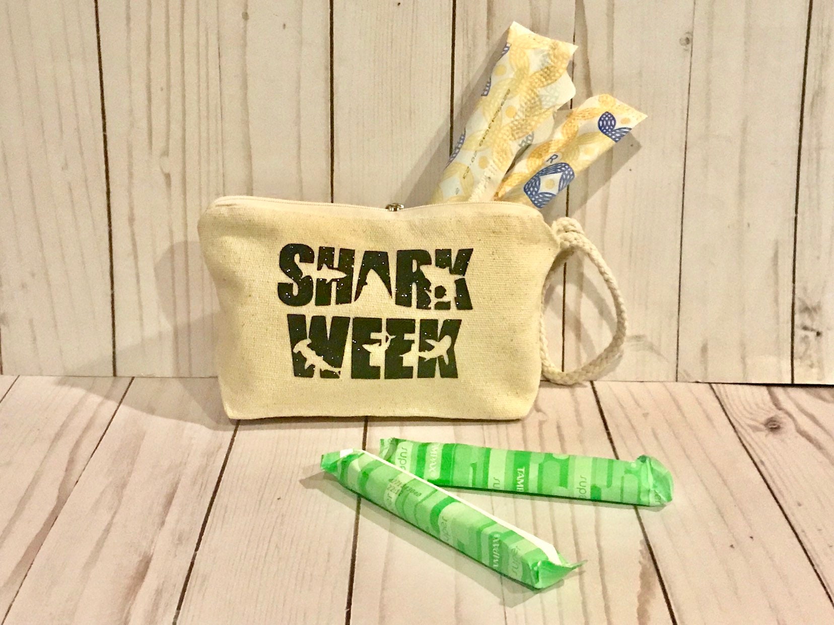 Shark Week Bag, Tampon case, funny zipper pouch, period storage,  organizational