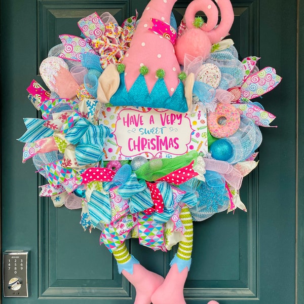 Candy Cane Wreath With Elf Etsy