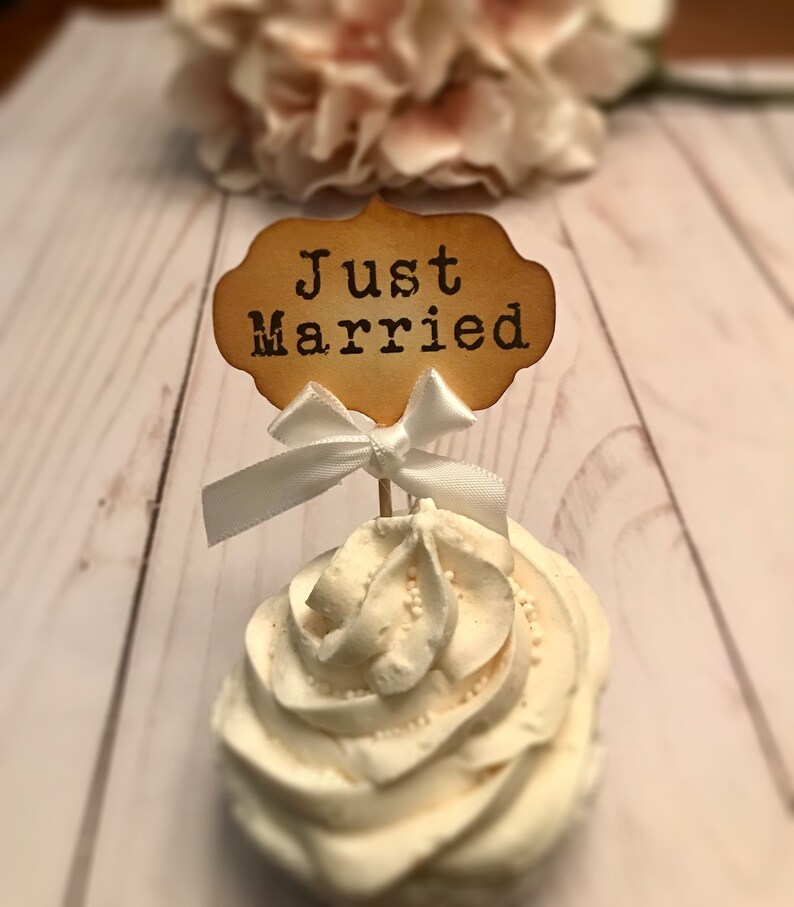Just married cupcake topper vintage wedding cupcake toppers Etsy