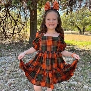 Fall Girls Toddler Dress Pumpkin Patch Girls Toddler Dress Fall Plaid Toddler Girls Dress Thanksgiving Halloween Toddler Girls Dress