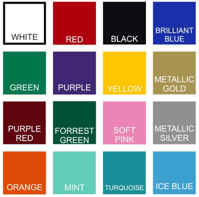 K&ouml;nnte beinhalten: Eine Farbkarte mit 16 verschiedenen Farben, darunter Wei&szlig;, Rot, Schwarz, Brillantblau, Gr&uuml;n, Lila, Gelb, Metallic Gold, Rotviolett, Waldgr&uuml;n, Rosa, Metallic Silber, Orange, Minze, T&uuml;rkis und Eisblau.