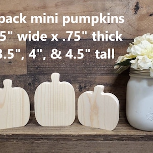 May include: Three unfinished wooden mini pumpkins in various sizes. The pumpkins are 3.5 inches wide, 0.75 inches thick, and 3.5, 4, and 4.5 inches tall.