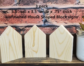 Set of 3 unfinished 5.5&quot; tall x 3.5&quot; wide x .75&quot; thick wood house shaped blocks / wood house blanks / DIY crafts / tiered tray decor