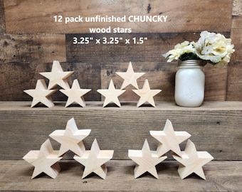 12 pack of Chunky 3.25" unfinished wood star cutouts / DIY 4th of July decor / DIY tiered tray decor / kids crafts / DIY Christmas decor