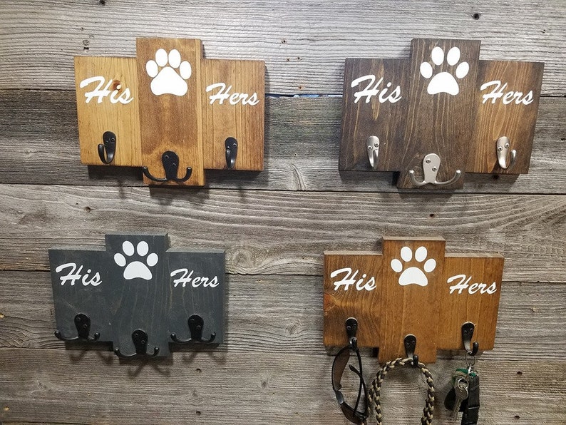 Leash Hooks Rustic Key Hook His and Hers Paw Print Dog Sign Personalized Key and Dog Leash Holder MADE TO ORDER Wood Sign