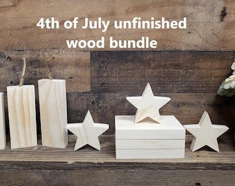 4th of July unfinished wood bundle / Bookstack / Stars / wood firecrackers / wood block blanks / tiered tray decor / 4th of July Crafts