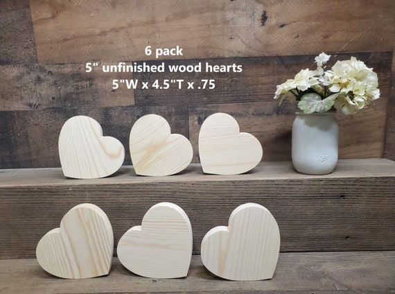6 Pack of Unfinished 5 Wooden Hearts Made From Solid Lumber / Valentines  Decor / Wedding Decor / DIY Crafts 