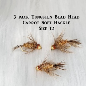 3 pack Carrot Tungsten Bead Head Soft Hackle Nymphs - Panfish Fly - Trout Fly - Bass Fly - Fly Fishing - Fishing Flies - Bluegill - Crappie