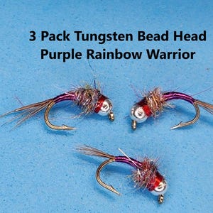 May include: Three Purple Rainbow Warrior fishing flies with gold hooks and silver bead heads are displayed against a blue background. The flies have a purple body and brown tail. Text at the top reads "3 Pack Tungsten Bead Head Purple Rainbow Warrior."