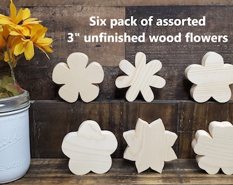 Six pack assortment of 3" unfinished wood flower cutouts / DIY spring decor / DIY tiered tray decor / kids crafts