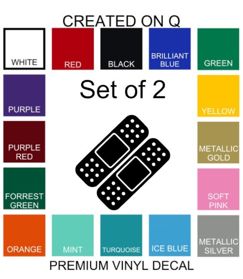 Puede incluir: Un conjunto de dos calcoman&iacute;as de vinilo negro en forma de curitas. Las calcoman&iacute;as est&aacute;n disponibles en una variedad de colores, que incluyen blanco, rojo, negro, azul, verde, morado, amarillo, naranja, menta, turquesa, azul hielo y plateado.