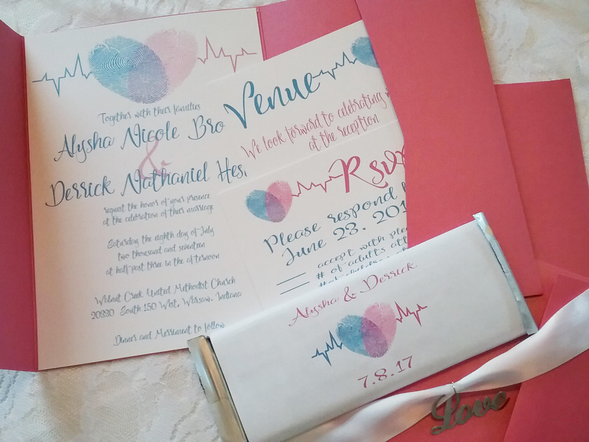 Personalized Fingerprint Pocket Card Wedding Invitation Teal And Pink Fingerprint Invitations Bridal Shower Custom Wedding Invitations