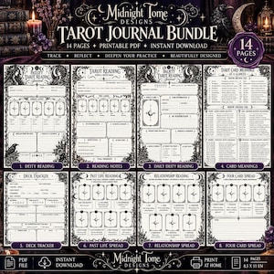 May include: A 14-page printable tarot journal bundle titled Midnight Tome Designs Tarot Journal Bundle. The pages feature black and white ornate borders with celestial motifs, including card reading templates, deck trackers, and card meaning guides.