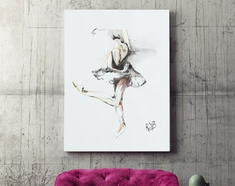 May include: A watercolor painting of a ballerina in a black tutu, with a white background and the artist's signature "RYB" in the bottom right corner.