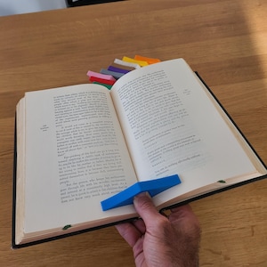 May include: A close-up of a blue bookmark with a slightly curved shape, placed in an open book. The book is open to a page with text about ego-picking and the importance of maintaining wonder and excitement in life.