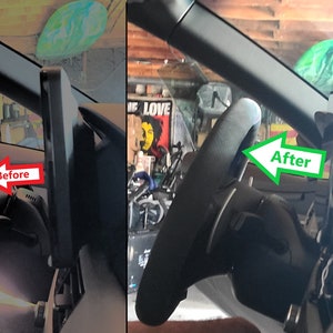 May include: A side-by-side comparison of a car's dashboard screen before and after installation of a mount. The screen is mounted to the left of the steering wheel. The left image shows the screen positioned in front of the steering wheel. The right image shows the screen positioned to the side of the steering wheel. The text "Before" is written in red on the left image and the text "After" is written in green on the right image.