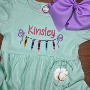 Girls back to school monogrammed dress, kindergarten dress, first day of school dress, back to school dress, girls mint crayon dress