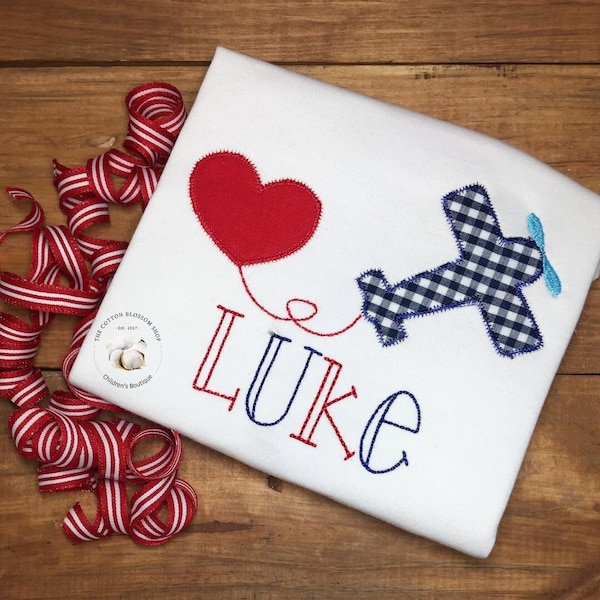 Boys applique airplane Valentine Shirt - airplane Valentines Day Shirt, personalized Boys Valentines Day Shirt, Valentine Shirt