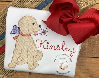 Girls 4th of July Shirt: Embroidered Patriotic Puppy, Monogrammed
