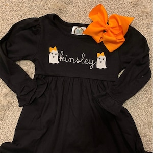 Girls Monogrammed Halloween Dress, girls Halloween dress, applique dress, embroidered dress, black dress, ghost dress