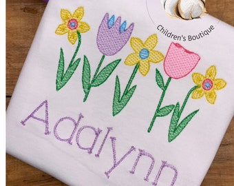 Girls spring summer flowers embroidered personalized shirt, spring flowers shirt