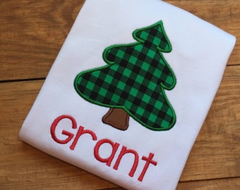 Boys Christmas shirt, personalized christmas shirt, monogrammed christmas shirt, plaid christmas tree shirt, christmas present shirt,name