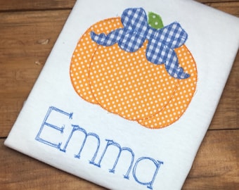 Girls monogrammed Pumpkin shirt, gingham bow pumpkin, applique pumpkin monogram shirt, girls halloween shirt, toddler halloween shirt