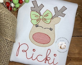 Girls Personalized Reindeer Christmas Shirt: Embroidered Sketch Design