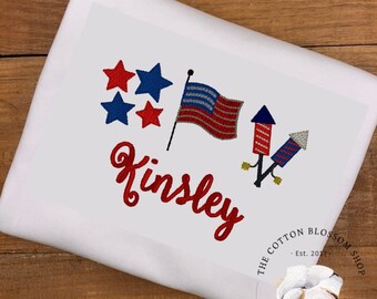 Girls Patriotic Shirt: Embroidered American Flag, Personalized 4th of July