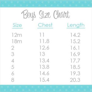 May include: Boys' size chart with measurements for chest and length in inches. Sizes range from 12 months to 8 years.