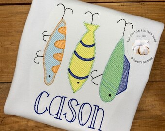 Boys Fishing Lures Appliqué Shirt: Fishing Sketch Design