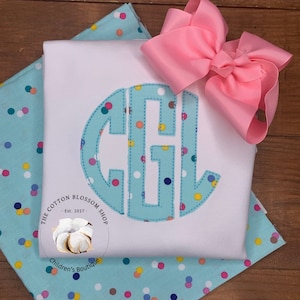 Girls Aqua Polka Dot Applique Monogram Shirt