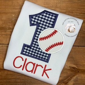 Boys Baseball 1st Birthday Shirt: Embroidered Gingham Number One