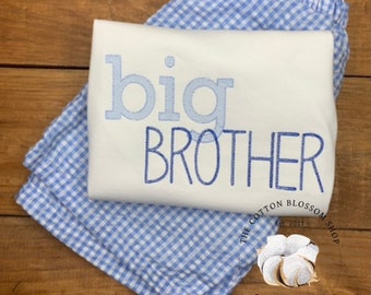 Boys big brother shirt, gingham shorts outfit, big brother outfit, light blue gingham shorts