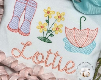 Girls umbrella and rain boots, rainy day embroidered personalized shirt