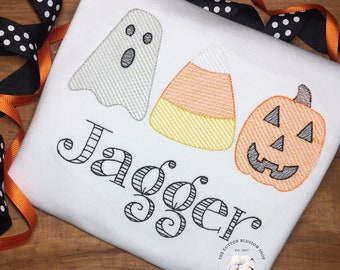 Boys Embroidered Halloween Shirt: Personalized Ghost, Candy Corn, Pumpkin