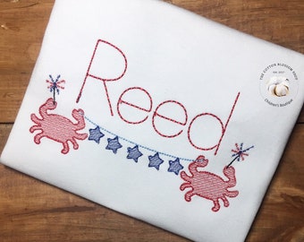 Boys 4th of July Crab Shirt: Embroidered Patriotic Monogram
