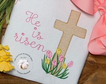 Girls Easter Shirt: He Is Risen Appliqué, Embroidered Cross